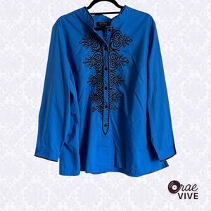 Vintage Bob Mackie Wearable Art 2X Blue Embroidered Tunic Top Button Down